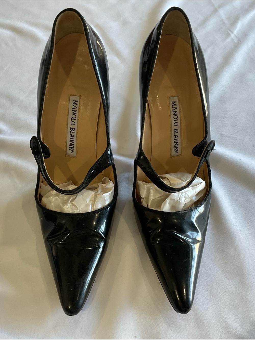 Manolo Blahnik Black Patent Mary Jane Pointed-Toe Pumps